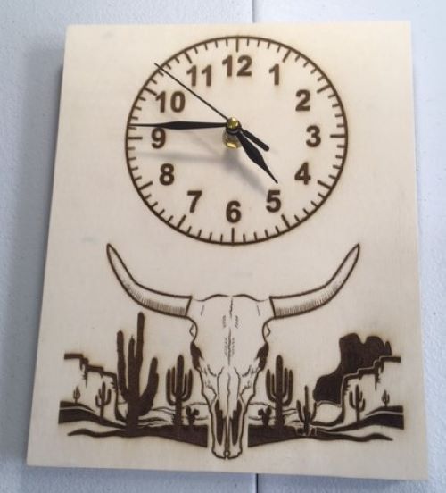 Wooden Clock Bull Skull